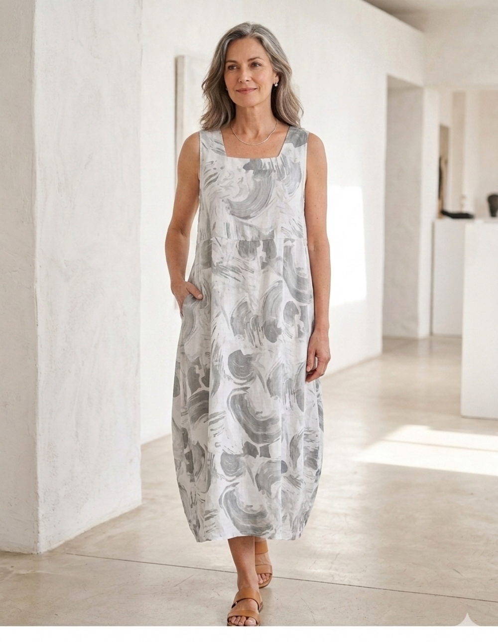 Lands Downunder Linen Sleeveless Lagenlook Relaxed Oversize Italy Gray Dress S